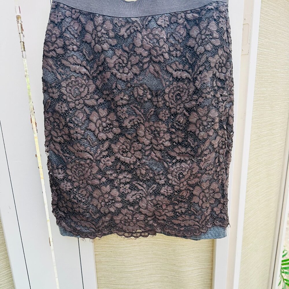 LOFT Brown Floral Lace Pencil Skirt Size 0 Stretch Lined Classic